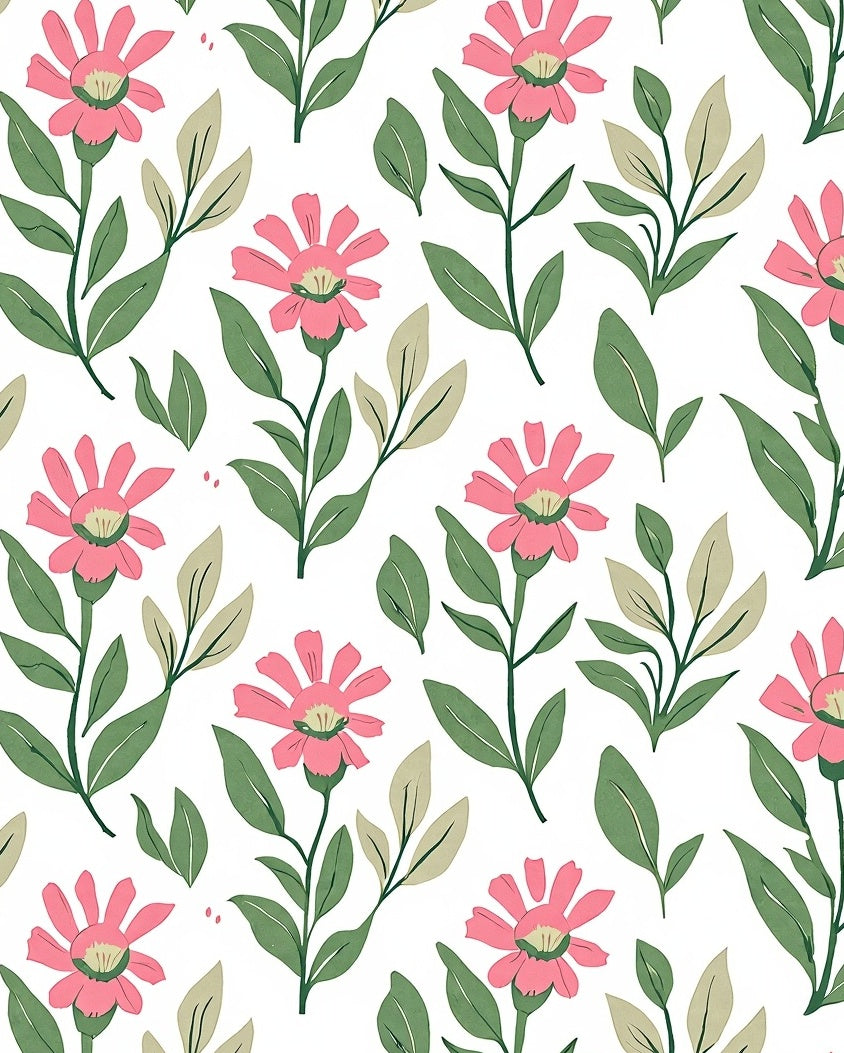 Pink Floral Stem Botanical Print Rug