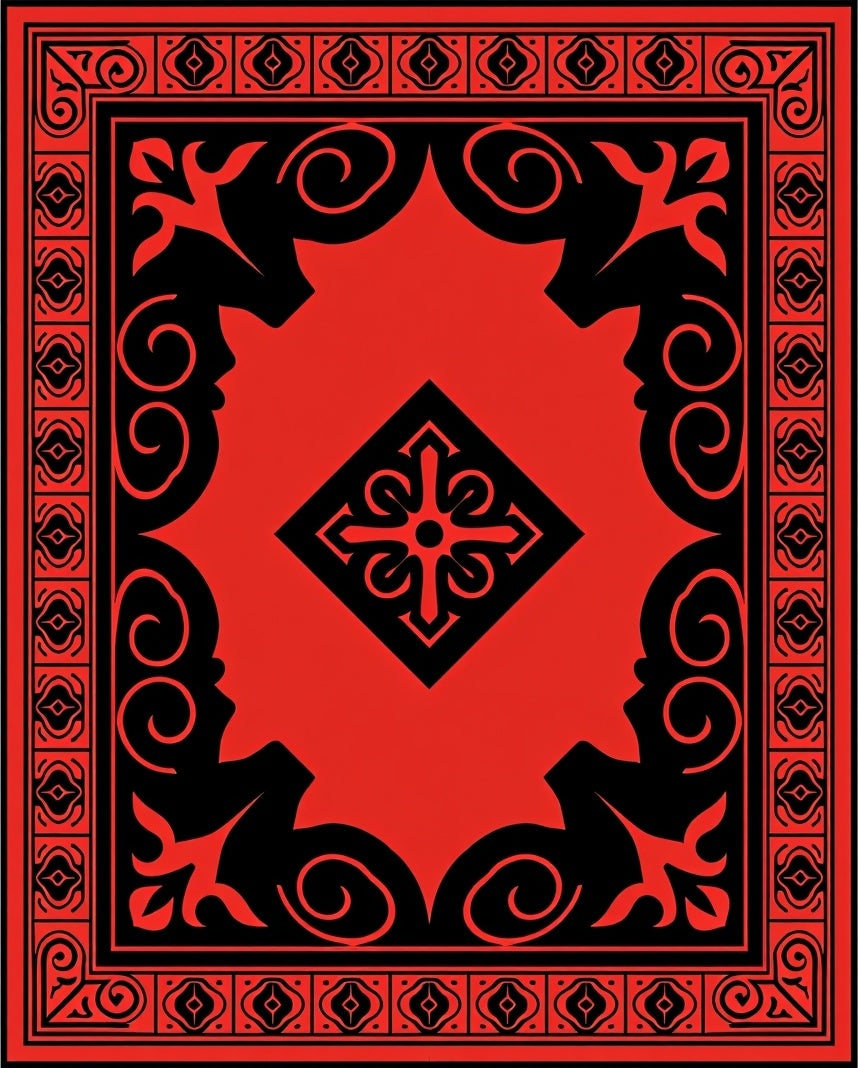 Striking Red Black Geometric Floral Rug