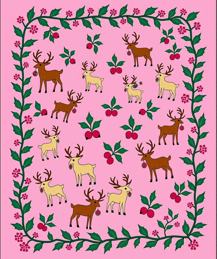 Pink Reindeer Holly Berry Garland Rug