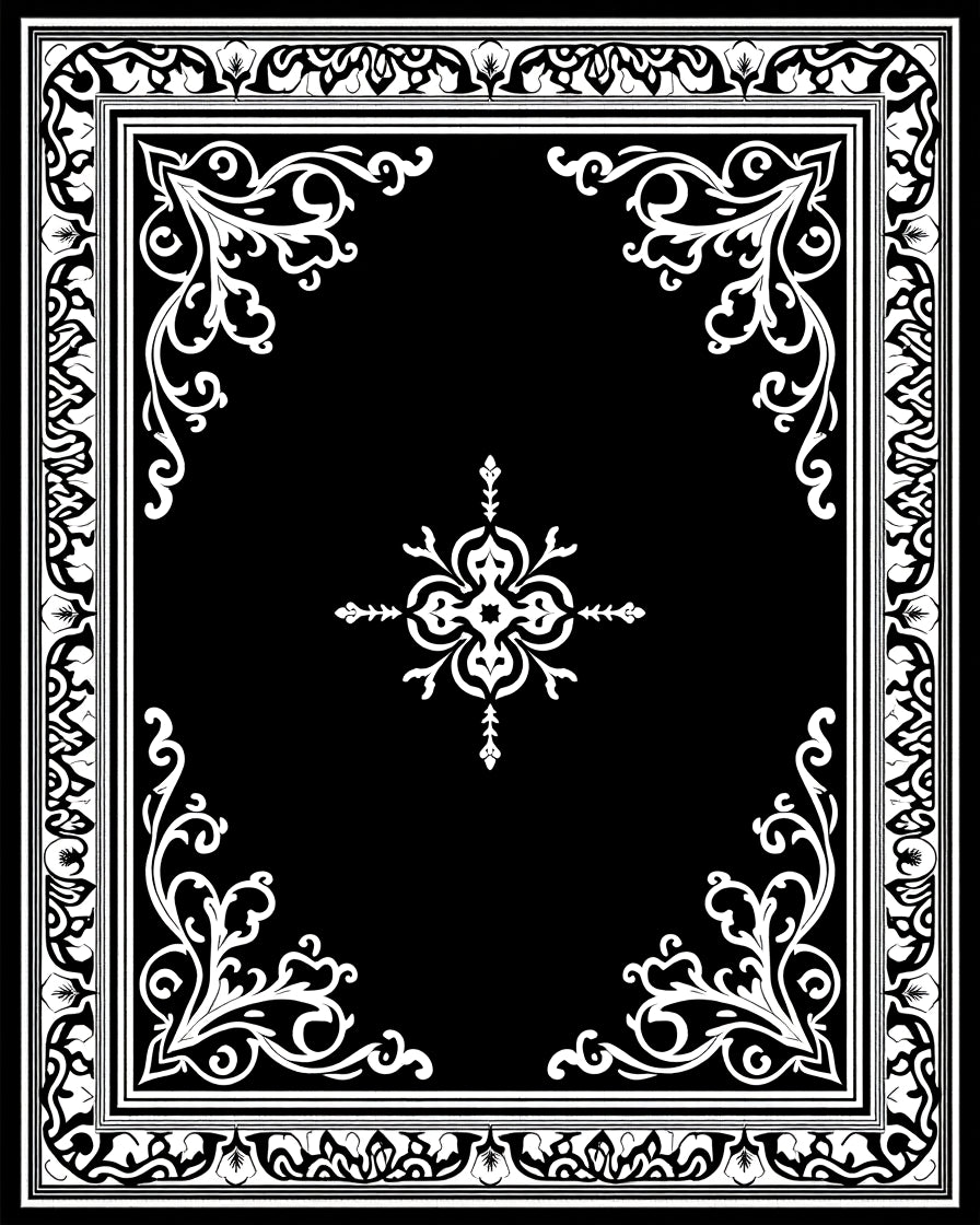 Black White Ornate Scrollwork Design Rug