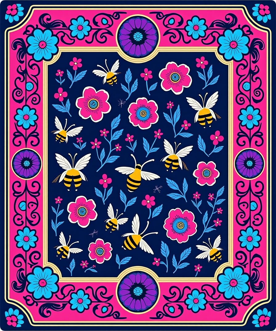 Whimsical Bee Garden Floral Navy Rug