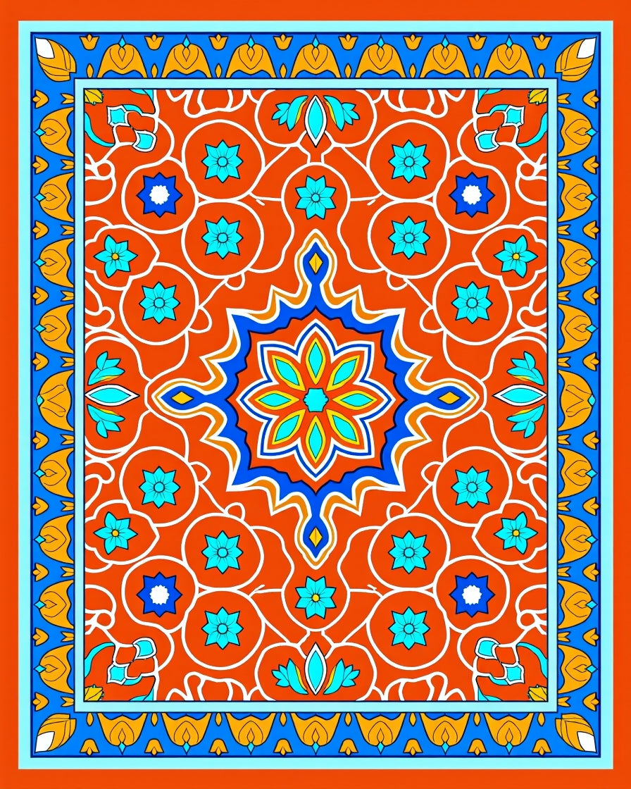 Orange Blue Medallion Floral Pattern Rug