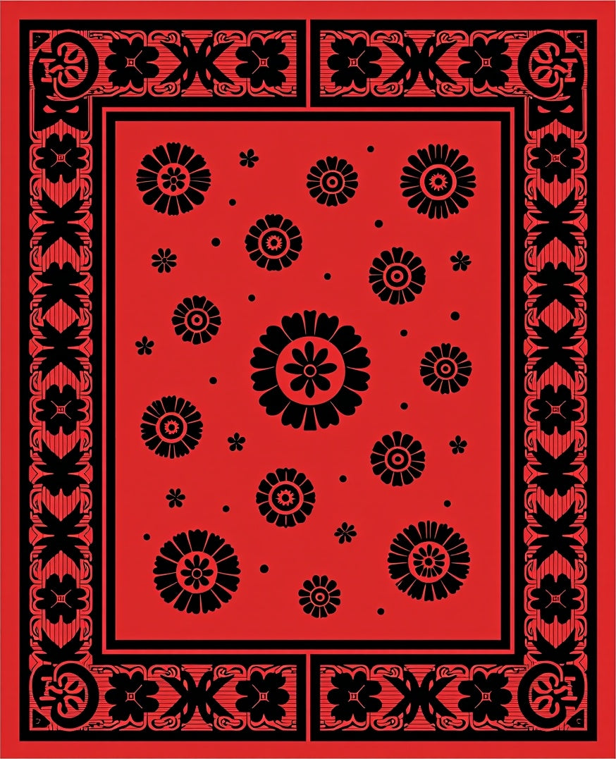Bold Floral Motif Red Black Rug