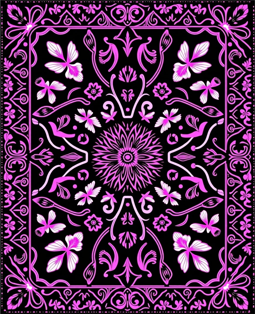 Vibrant Pink Floral Butterfly Border Rug