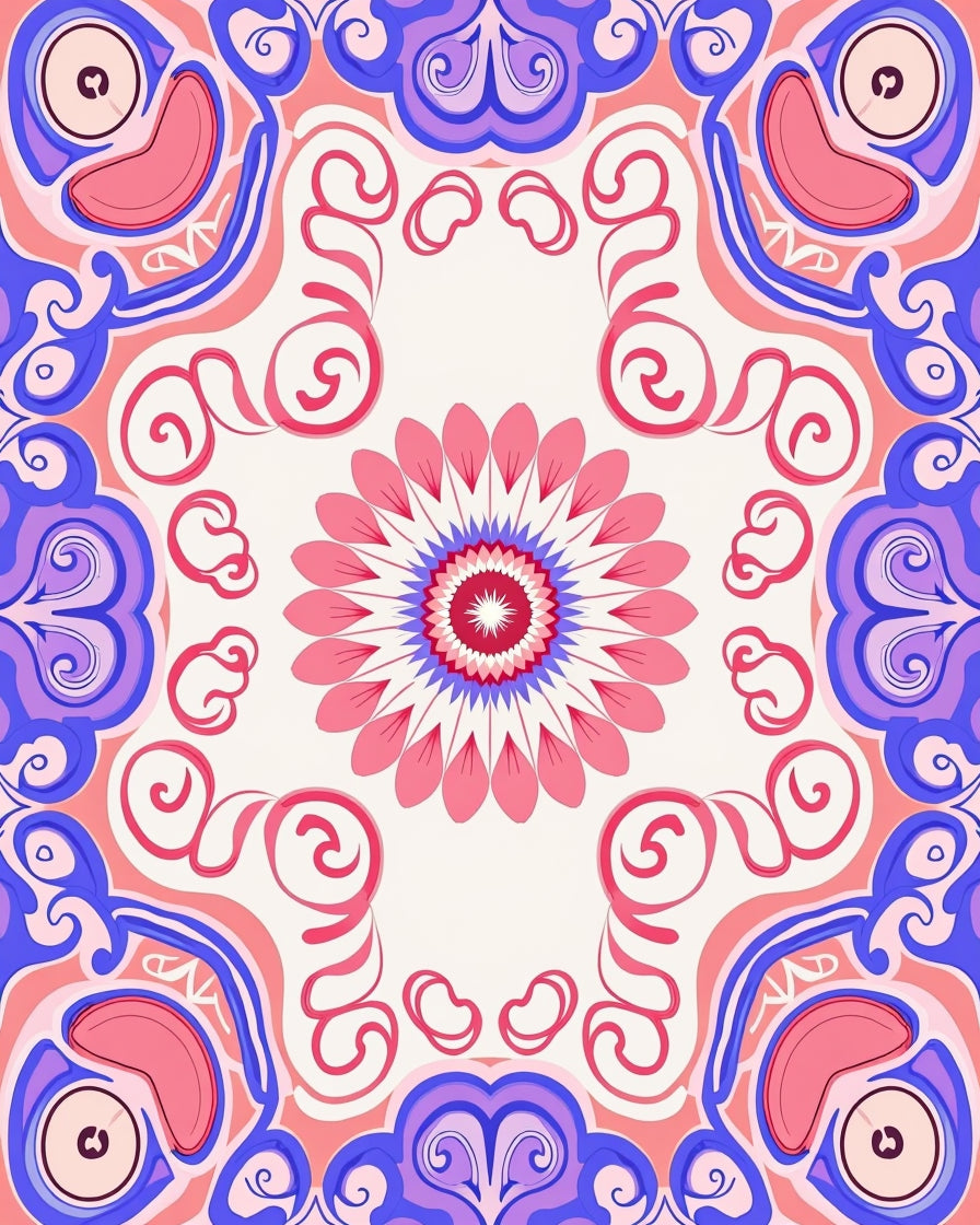 Vibrant Pink Blue Floral Mandala Rug