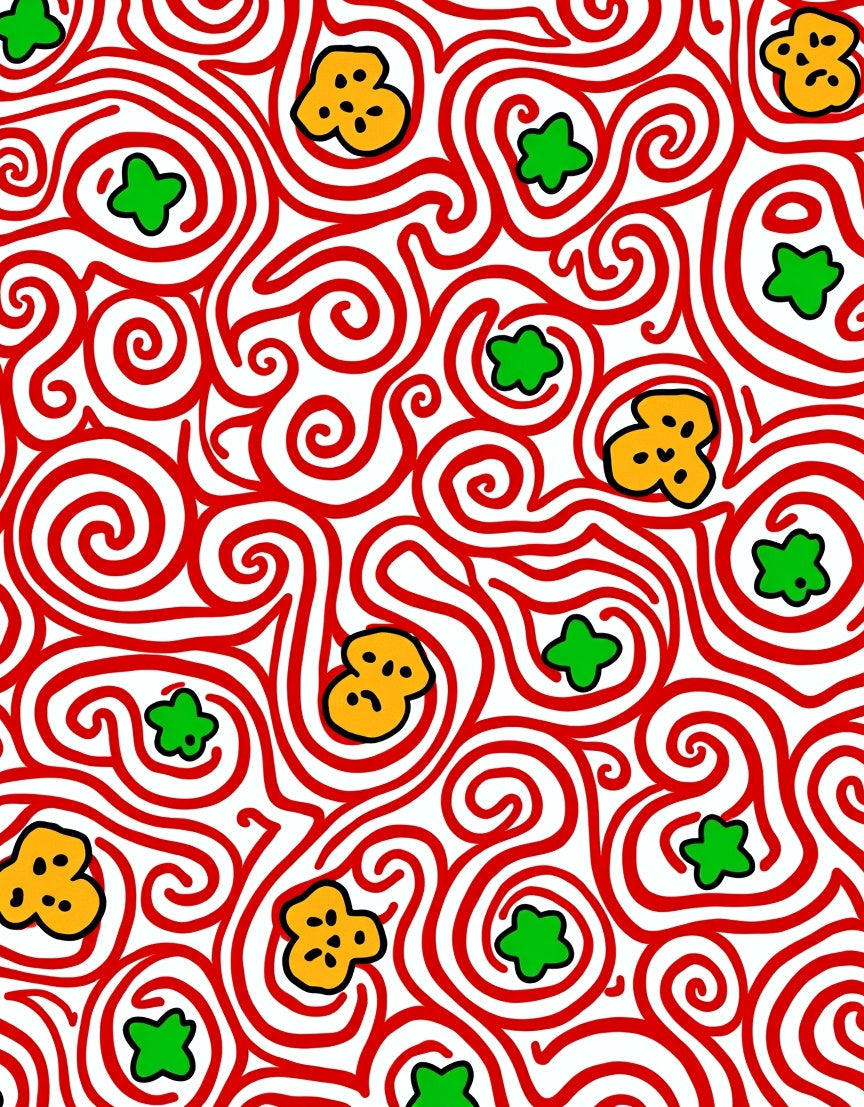 Whimsical Red Swirl Yellow Green Blossoms Rug