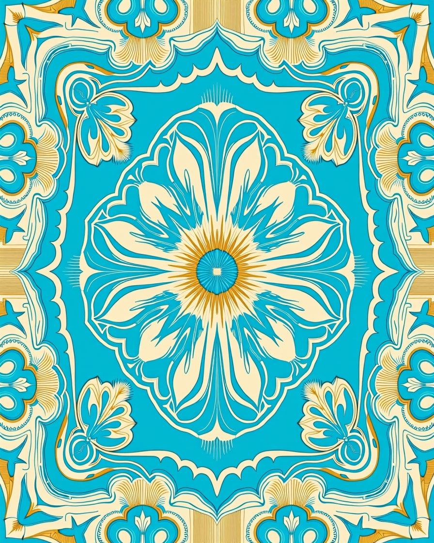 Bright Blue Gold Floral Medallion Design Rug