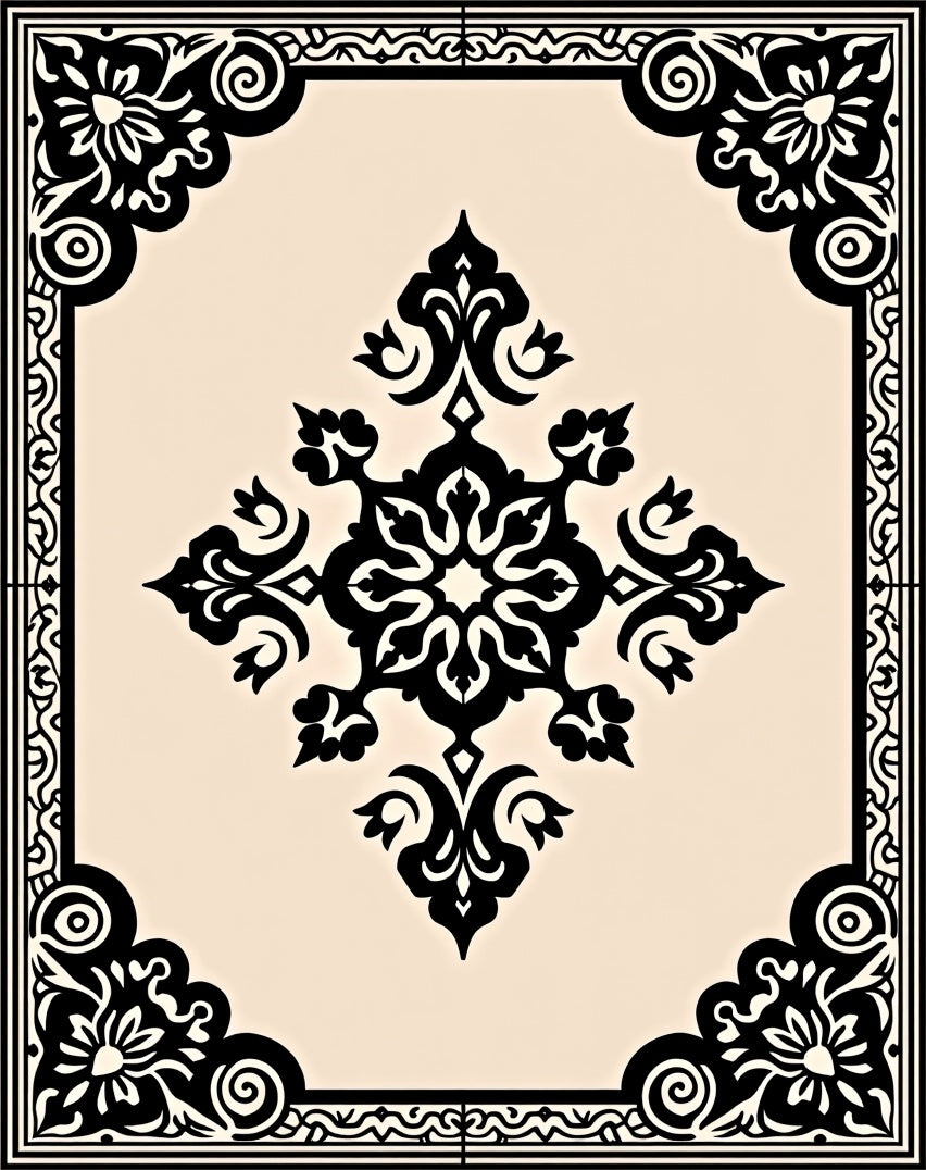 Ornate Black Floral Motif Rug