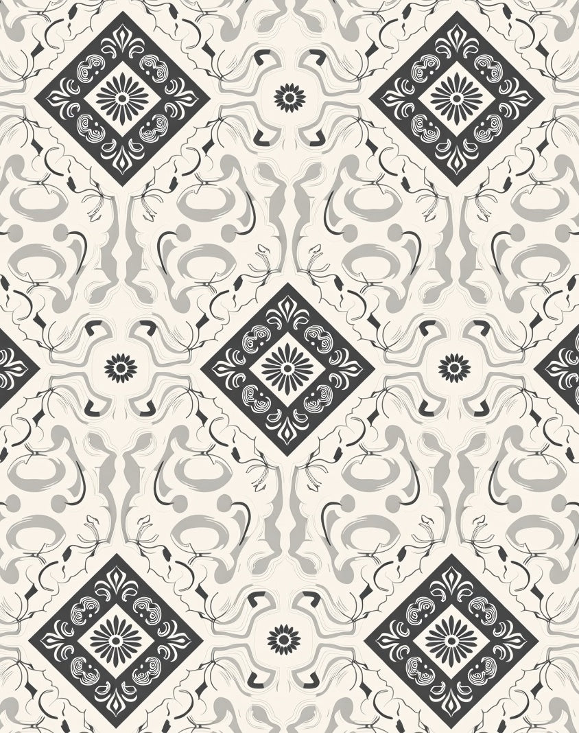 Classic Gray Floral Square Patterned Rug