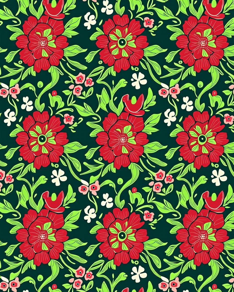 Bold Red Floral Garden Vines Rug