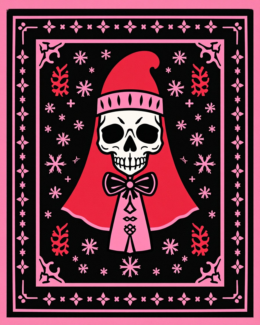 Cosmic Skull Red Pink Snowflake Border Rug