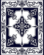 Dark Blue White Ornamental Floral Design Rug