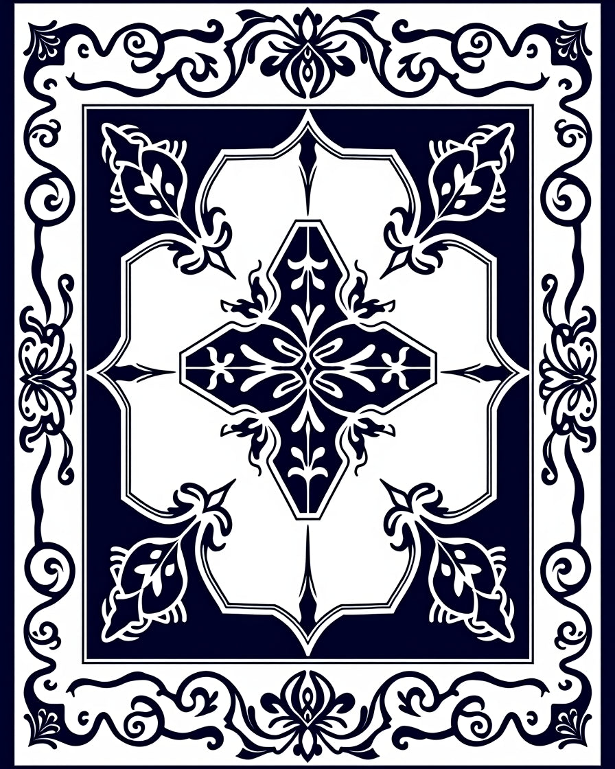 Dark Blue White Ornamental Floral Design Rug