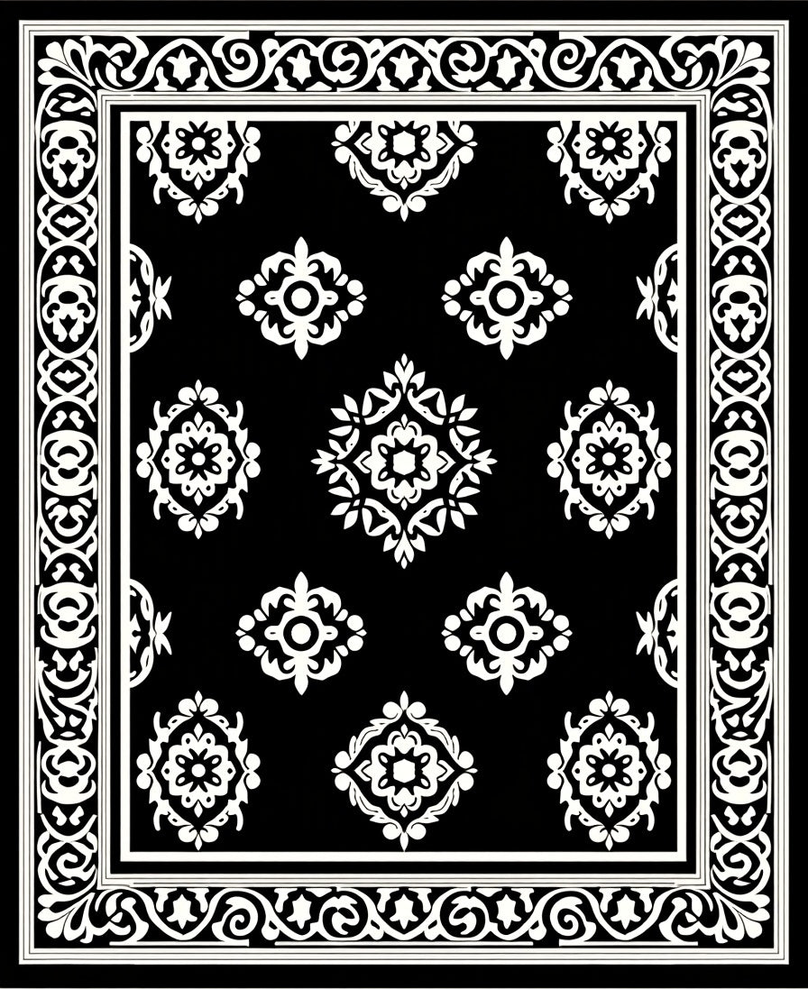 Classic Black White Floral Medallion Rug