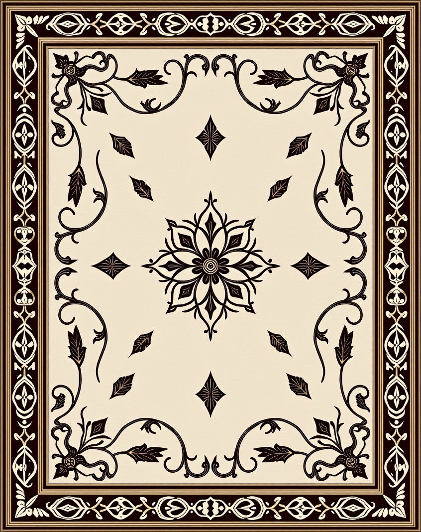 Elegant Black Floral Scrolls Medallion Rug
