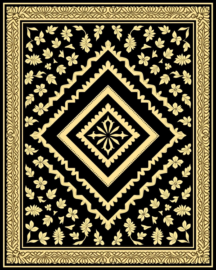 Black Gold Floral Medallion Design Rug