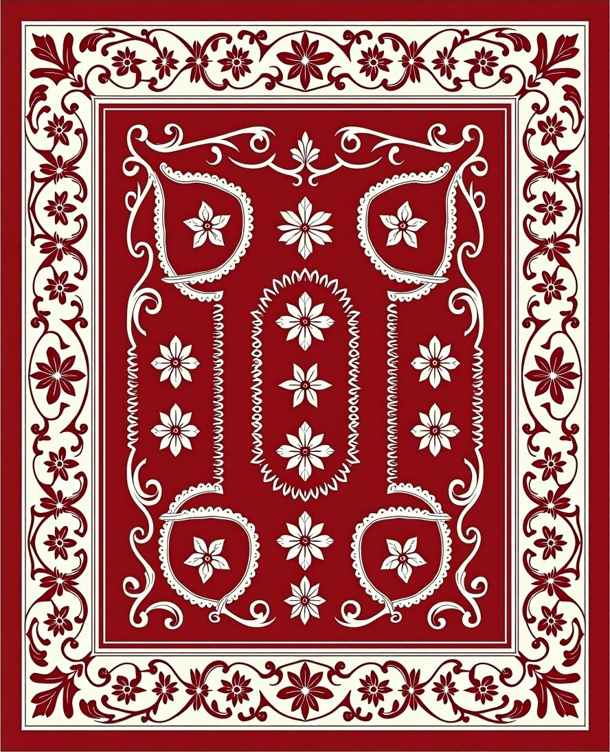 Classic Floral Border Red Cream Rug