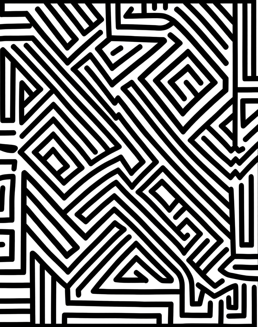 Bold Black and White Maze Pattern Rug