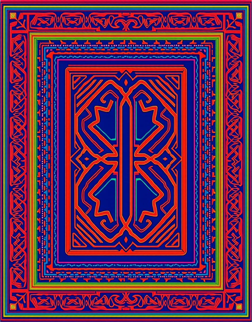 Vibrant Blue Red Geometric Frame Area Rug