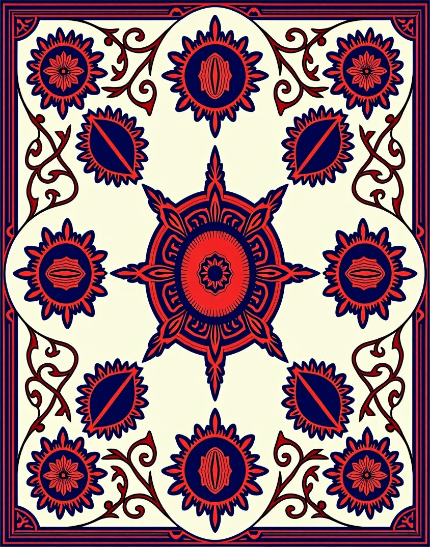 Bold Red Blue Floral Medallion Design Rug