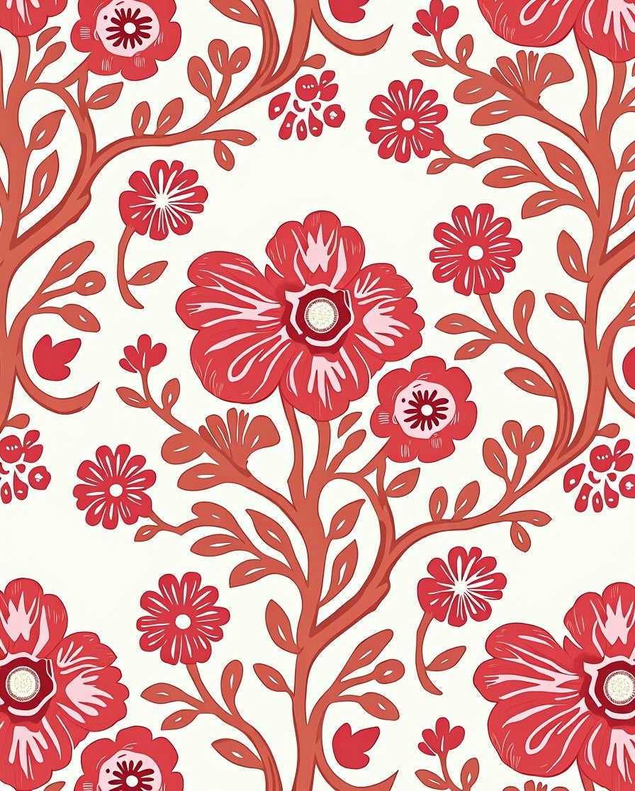 Bold Red Floral Branch Pattern Rug
