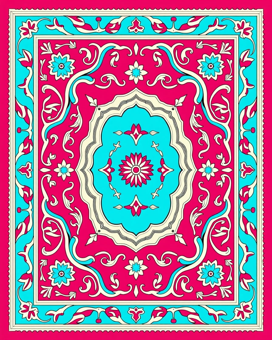 Vibrant Pink Blue Floral Medallion Rug