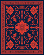 Coral Floral Tiled Indigo Design Rug