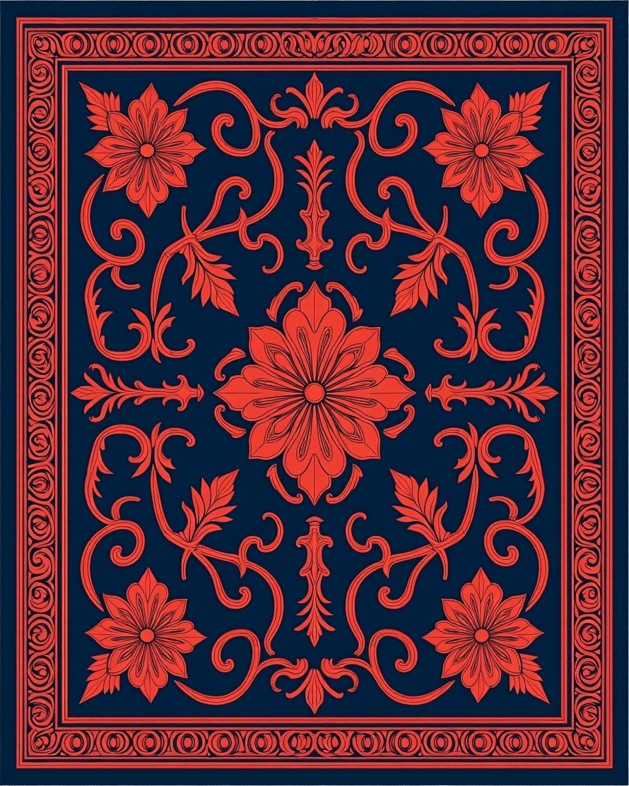 Coral Floral Tiled Indigo Design Rug
