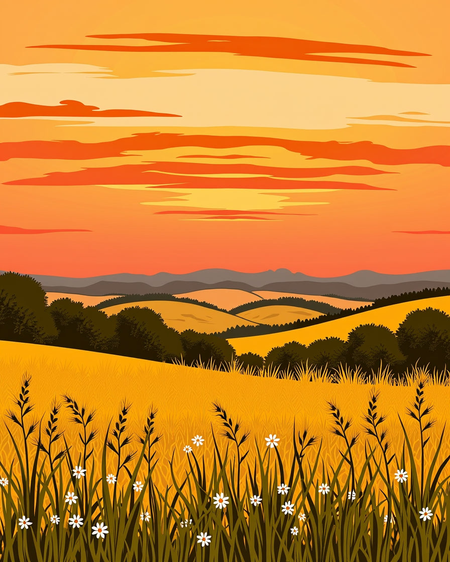 Sunset Over Golden Field with Flora Rug