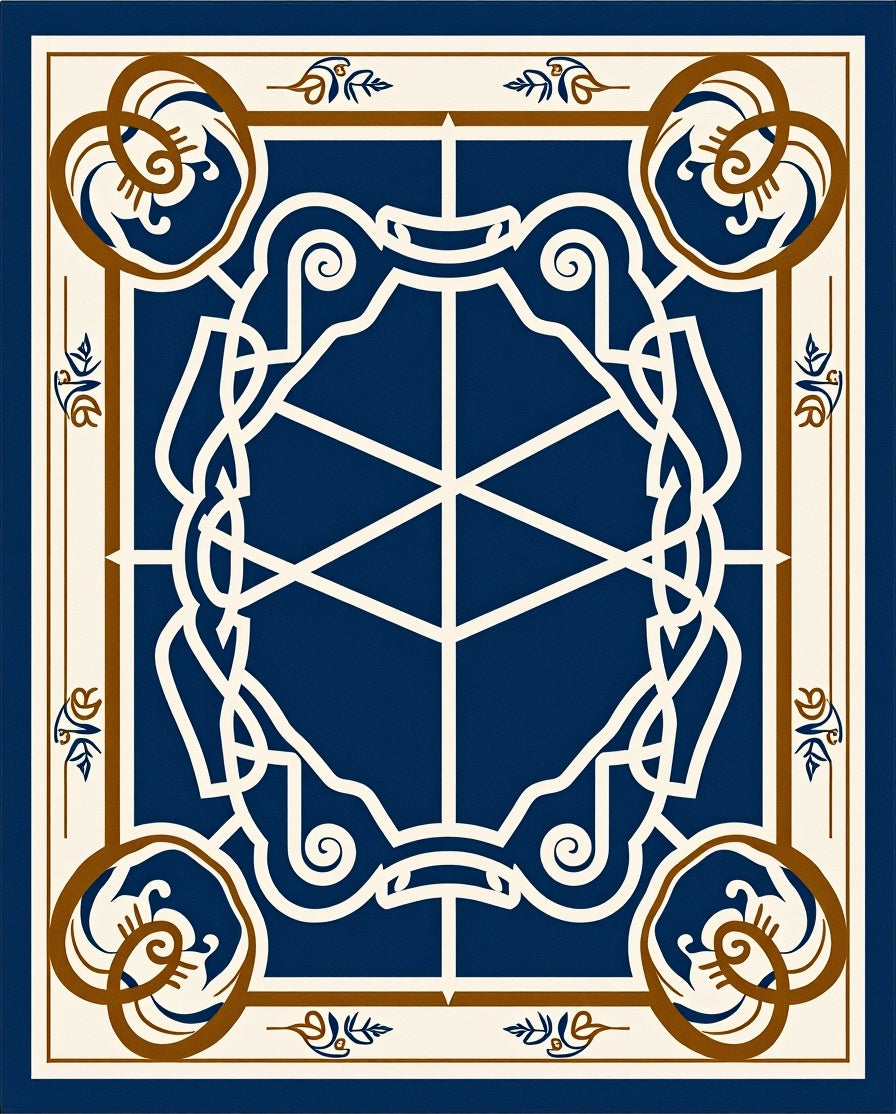Elegant Blue White Brown Scrollwork Design Rug