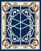 Elegant Blue White Brown Scrollwork Design Rug
