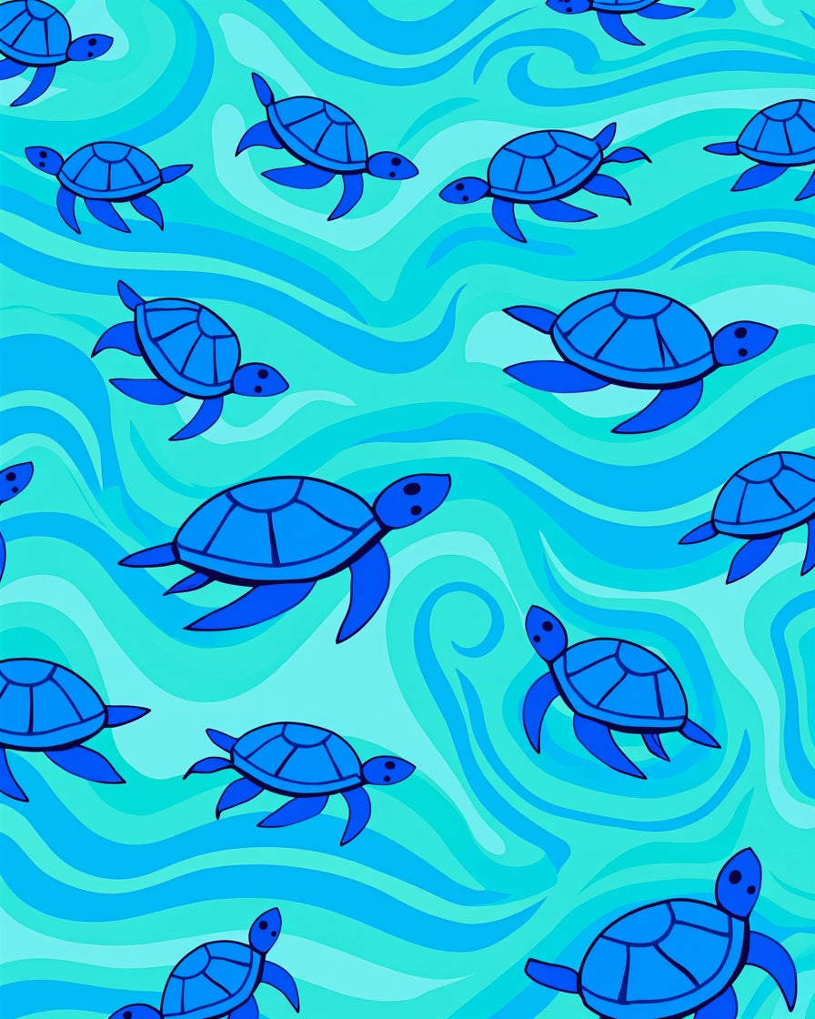 Blue Turtle Patterned Wavy Design Rug