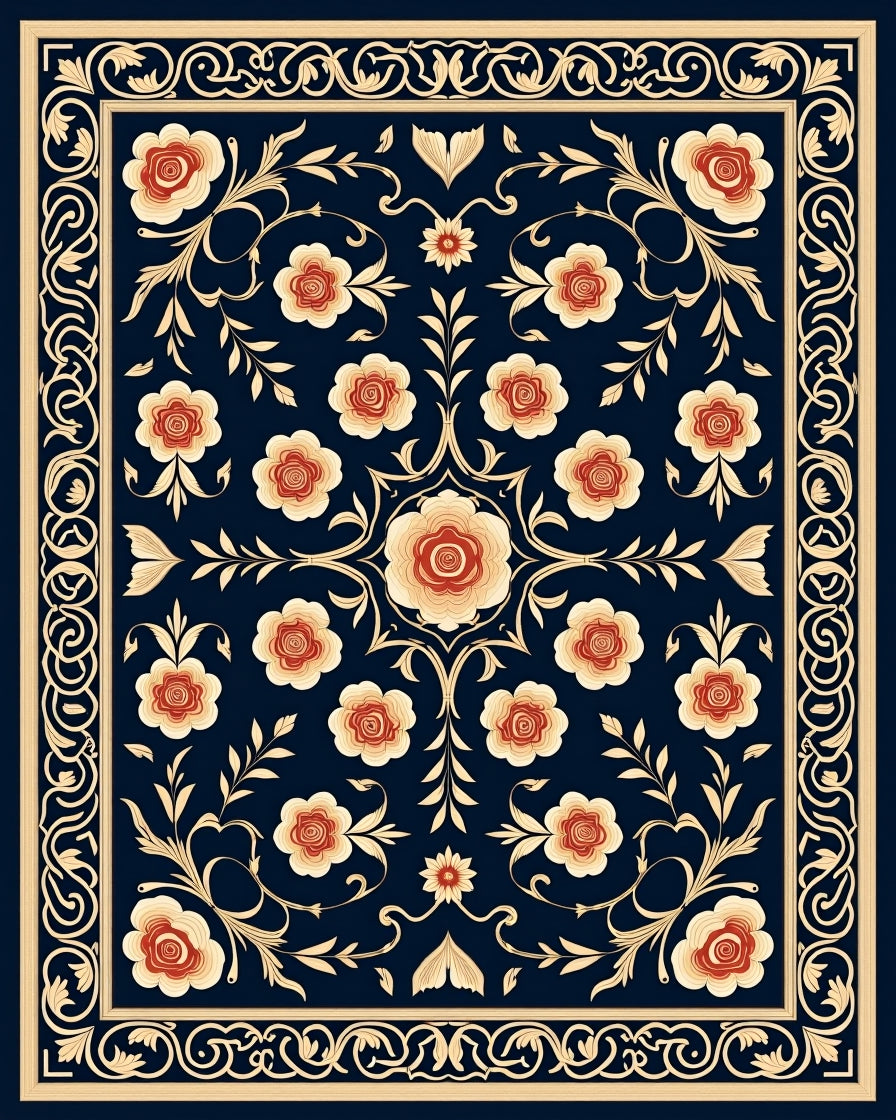 Ornate Floral Vines Dark Blue Rug