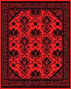 Ornate Red Black Floral Damask Rug