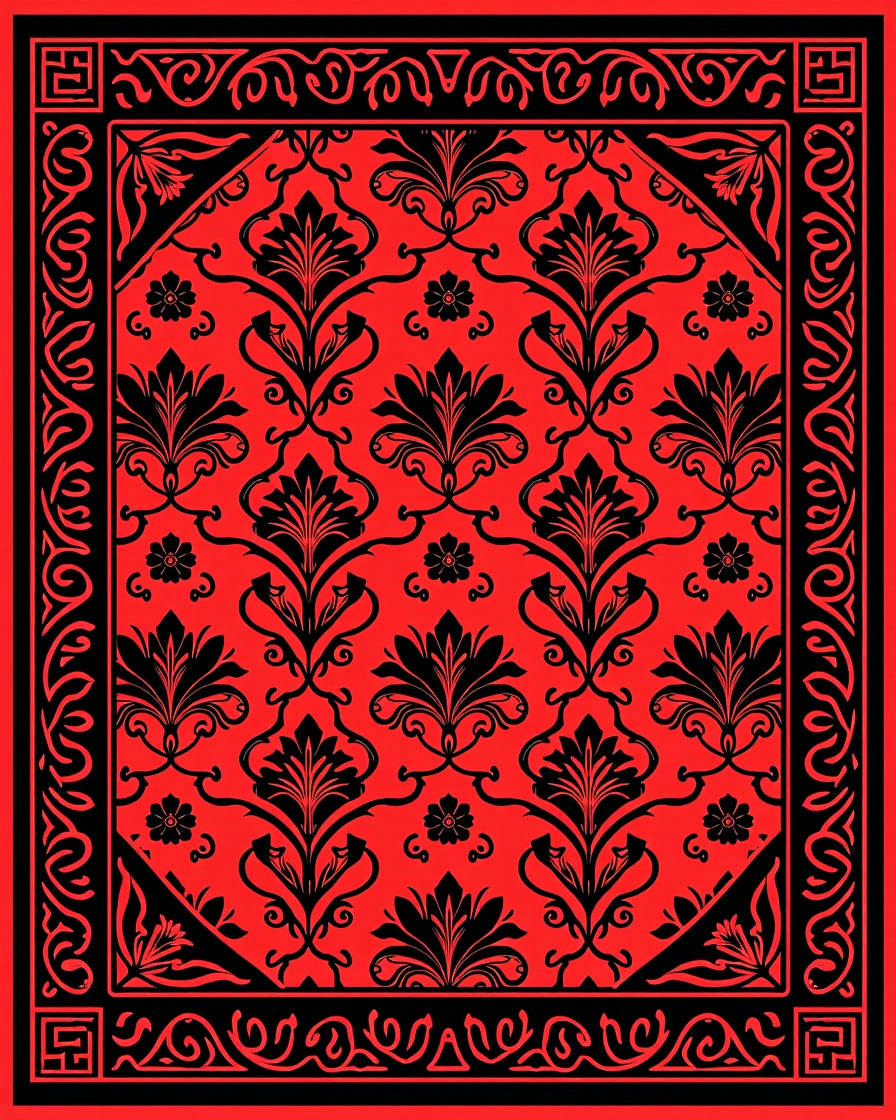Ornate Red Black Floral Damask Rug