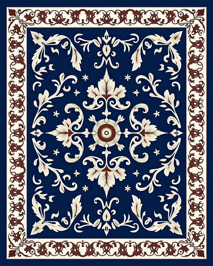 Ornate Indigo Floral Medallion Design Rug