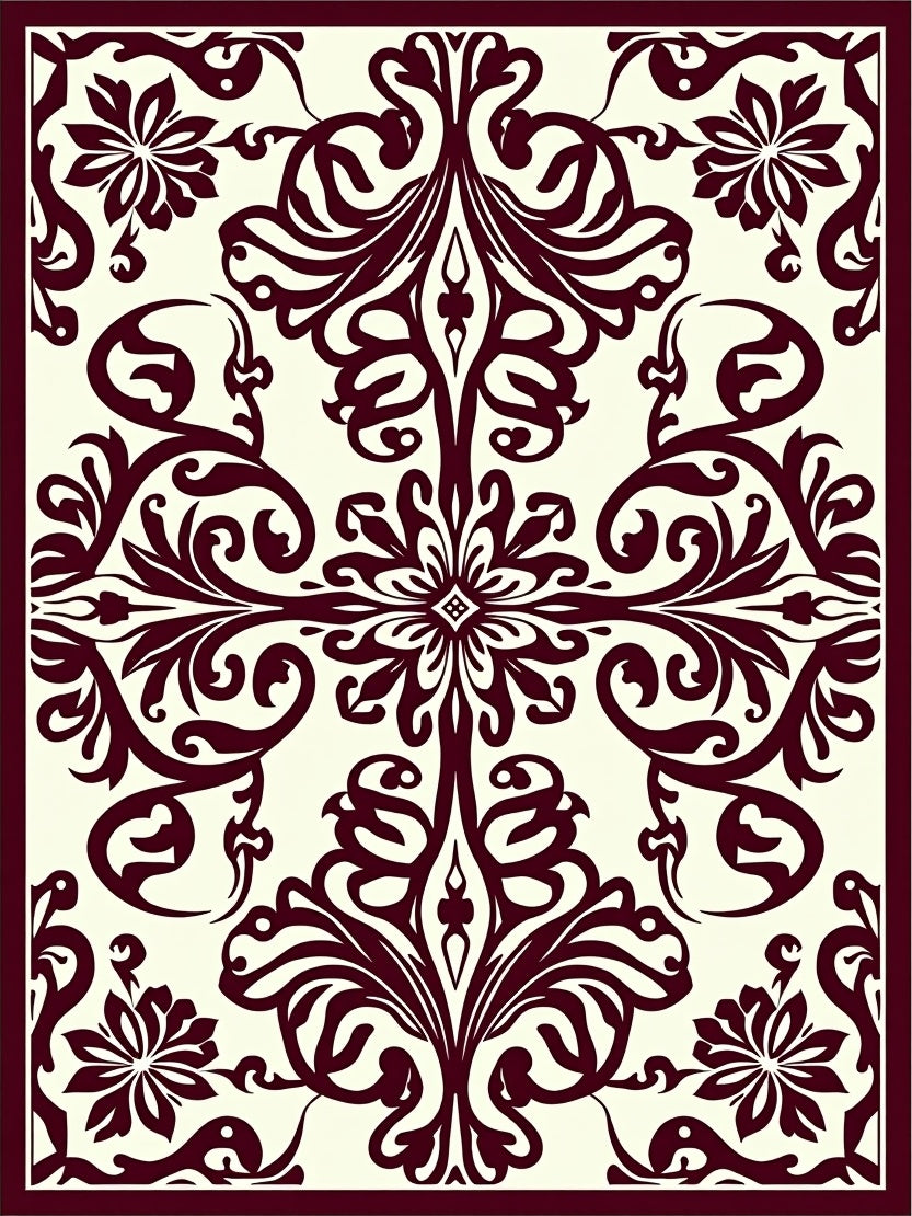 Classic Burgundy Floral Scroll Design Rug