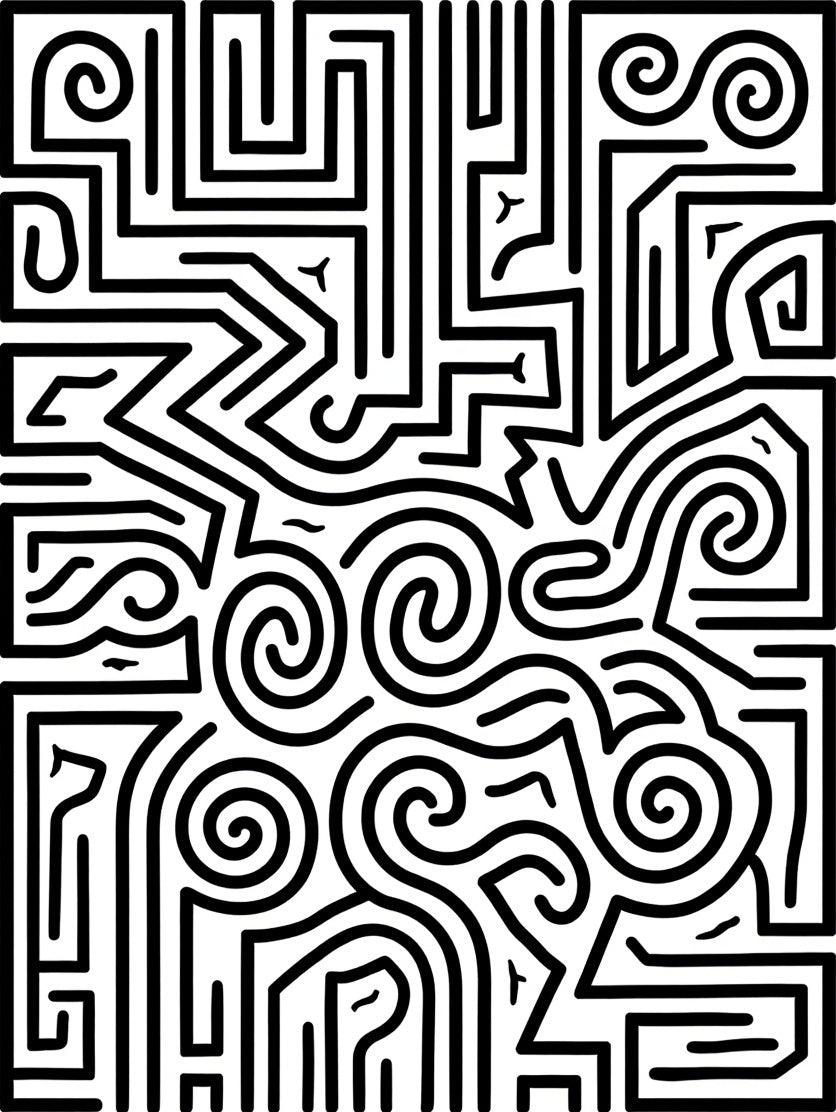 Intricate Black White Maze Pattern Rug