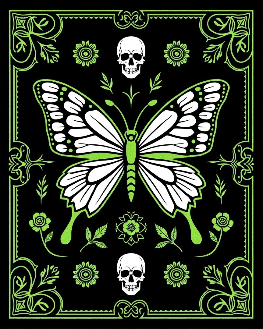 Neon Green Butterfly Skull Border Rug