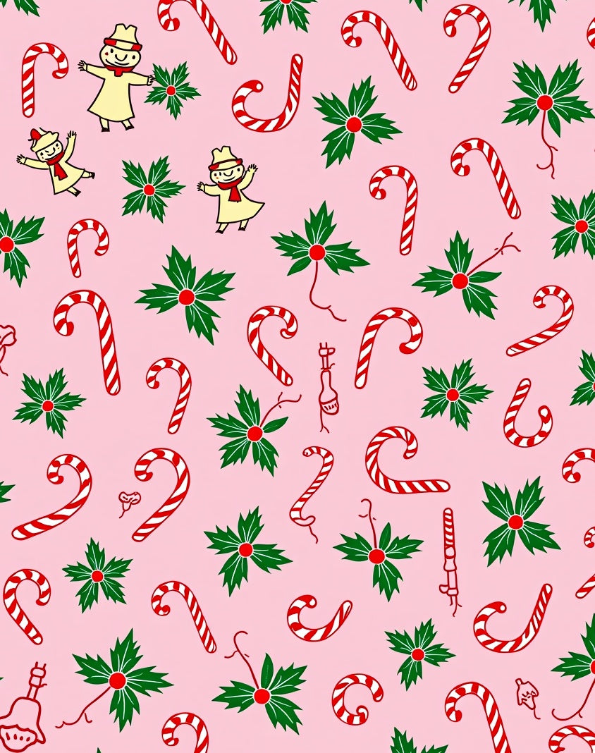 Pink Candy Cane Holly Figures Rug