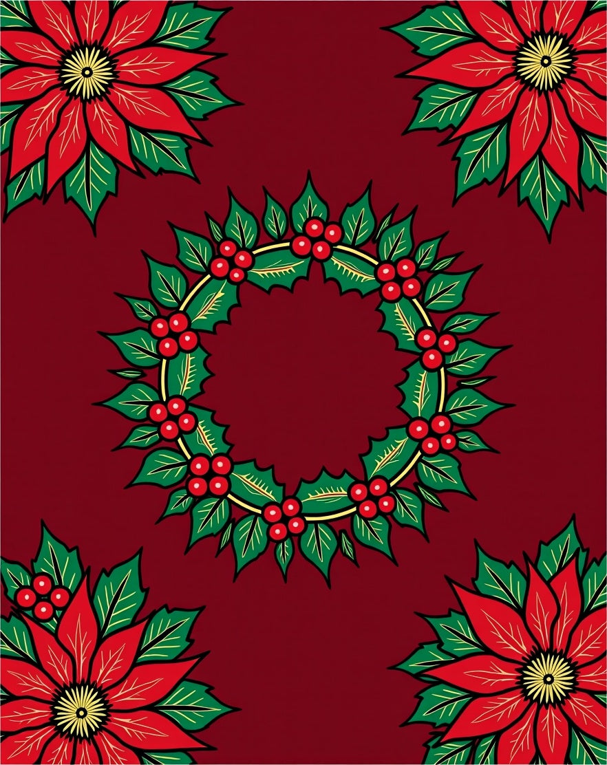 Red Poinsettia Holly Wreath Medallion Rug