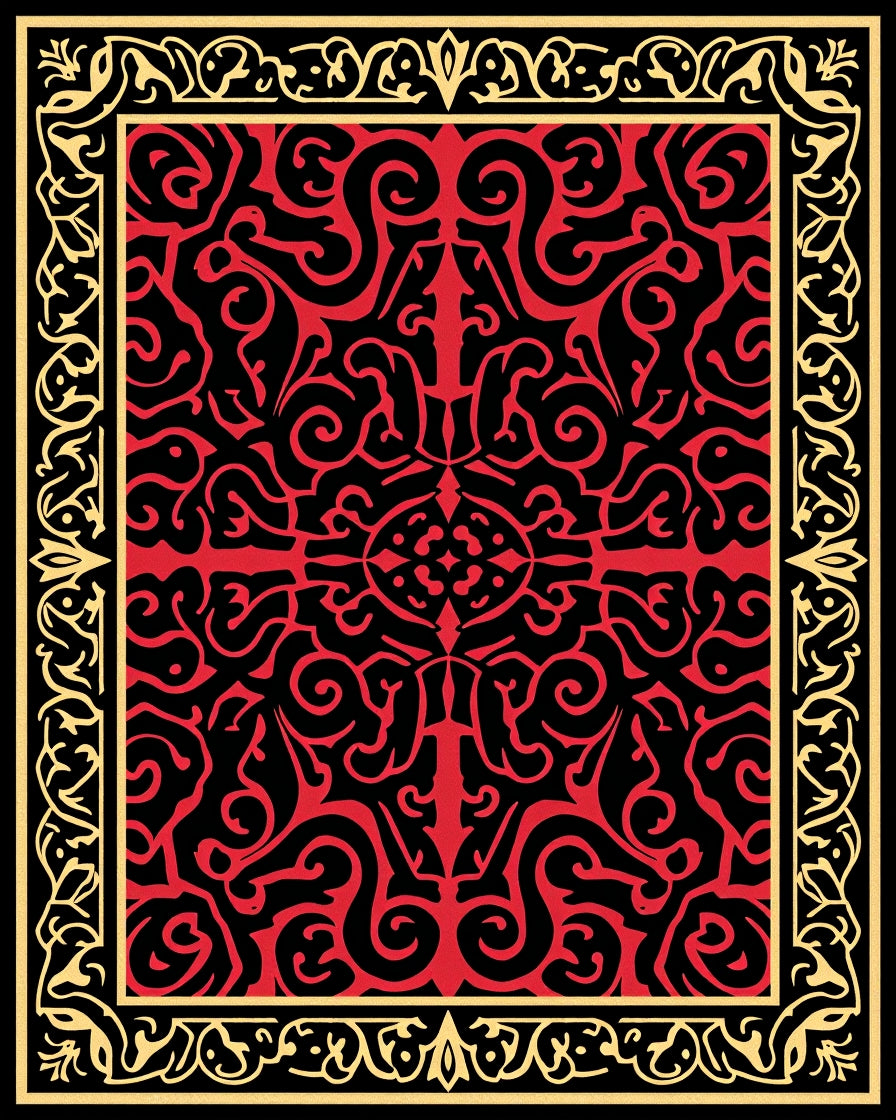 Intricate Red and Gold Scrollwork Rug