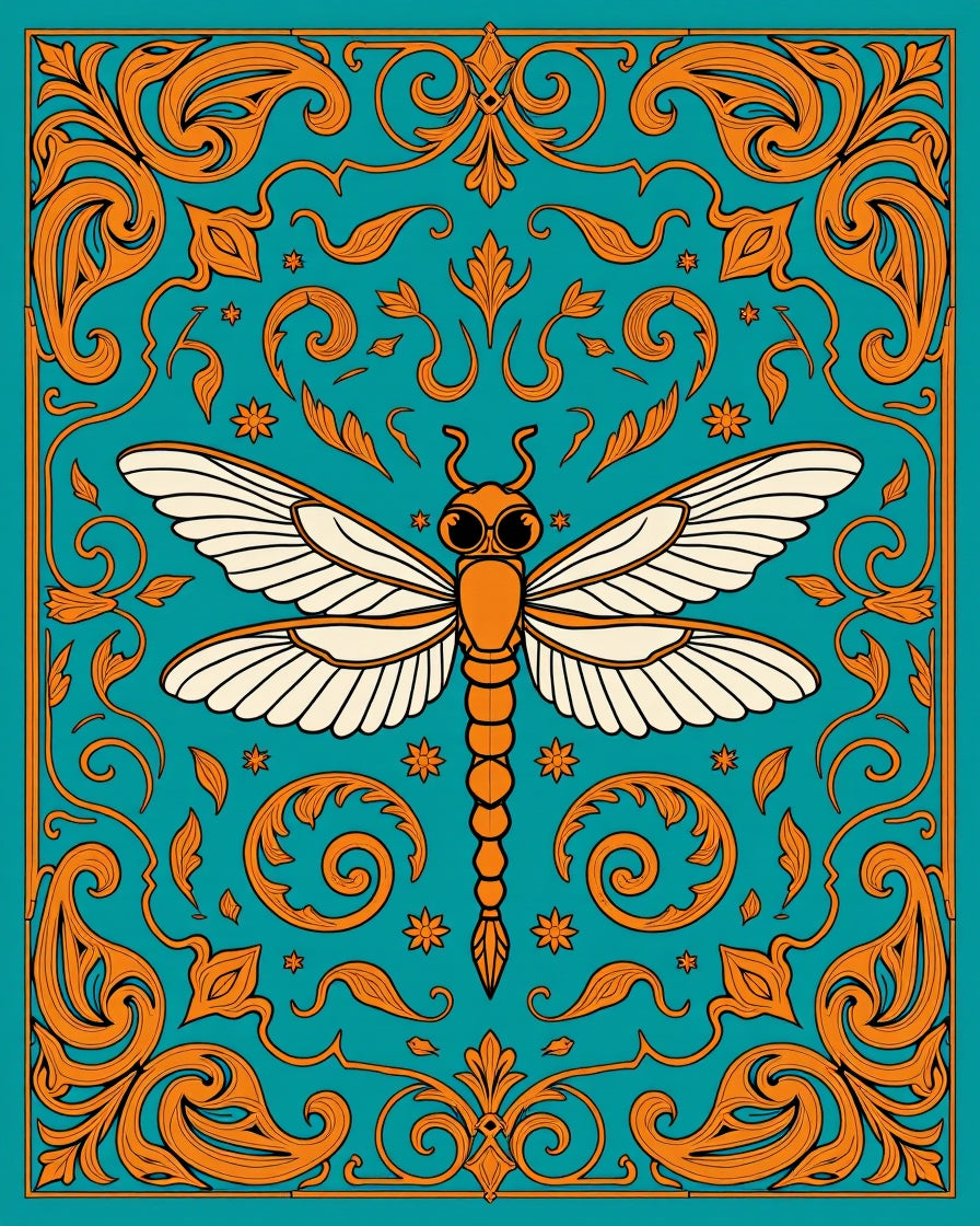 Orange Dragonfly Teal Baroque Rug