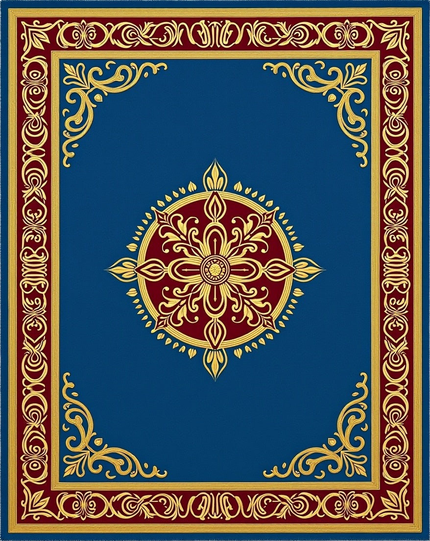 Royal Blue Gold Floral Medallion Border Rug