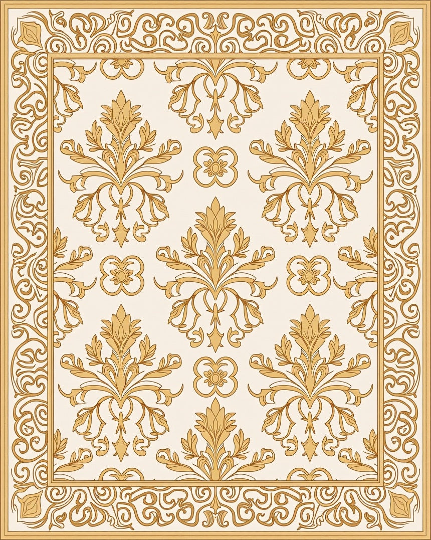 Elegant Gold Damask Scroll Pattern Rug