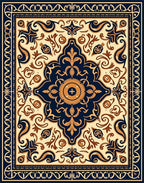 Ornate Navy Gold Floral Pattern Rug