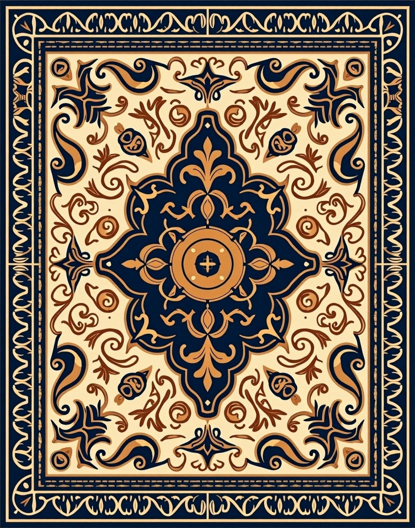 Ornate Navy Gold Floral Pattern Rug