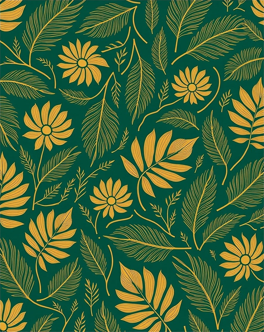 Emerald Green Gold Floral Leaf Pattern Rug