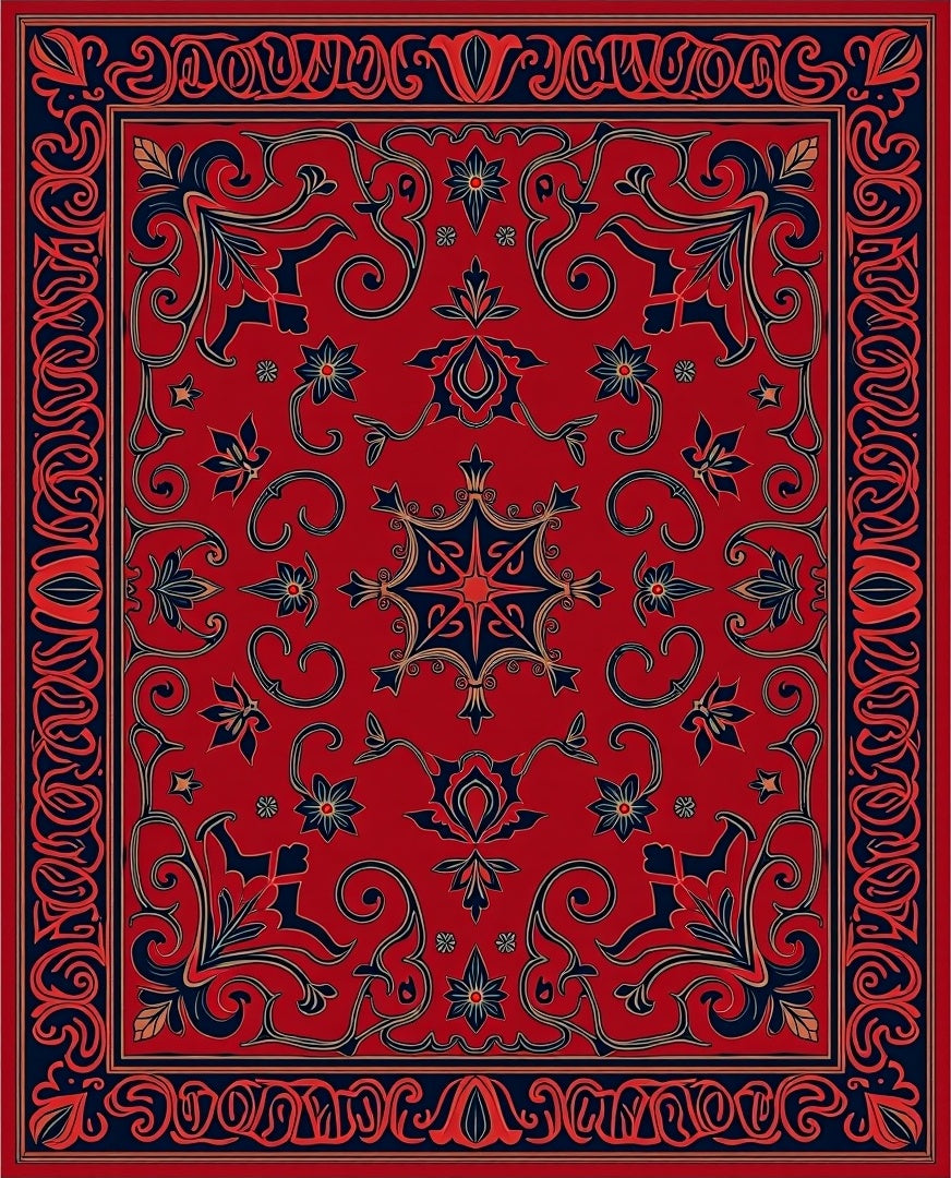 Rich Red Floral Scrollwork Design Rug