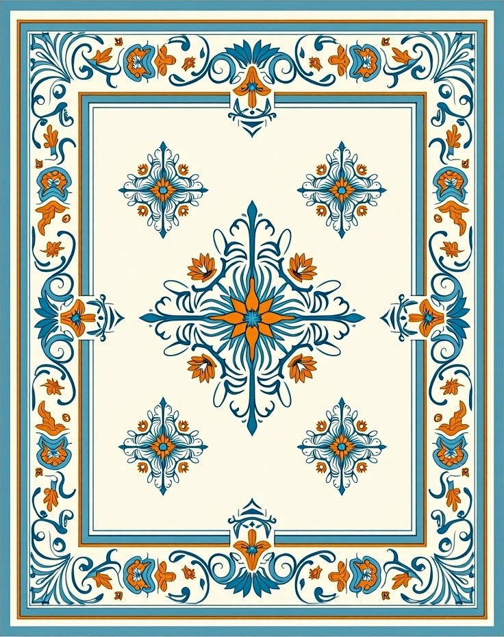 Ornate Blue Orange Floral Medallion Rug